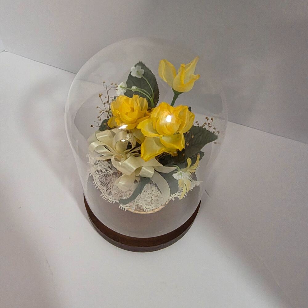 Vintage Style Glass Dome Floral Arrangement Yellow Flowers Wood Base Decor - Picture 5 of 6